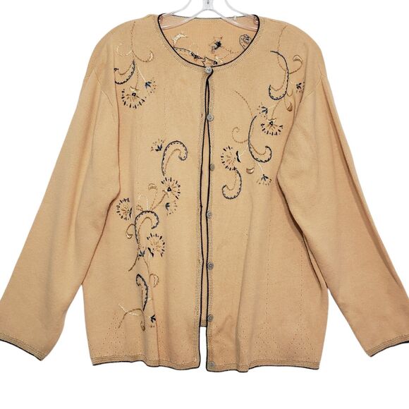 Beautiful quality Embroidered Yellow / Tan Cardigan Button Front Sweater, Large - Picture 1 of 8